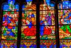 Nativity Virgin Mary, Joseph, Baby Jesus stained glass, Eglise Saint-Bonaventure, Lyon, France. Art Print